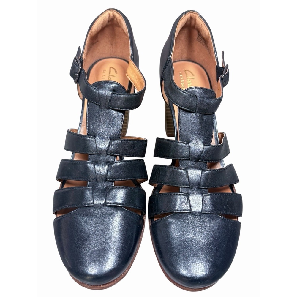 Clarks Ciera Gull Black Leather Espadrille Block Heel Sandals‎ Womens Size 8